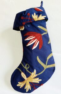 RED FLOWERS ON BLUE CHRISTMAS STOCKING