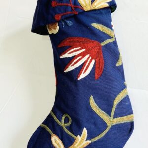 RED FLOWERS ON BLUE CHRISTMAS STOCKING