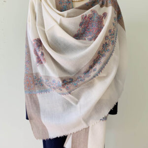 CREAM SCARF WITH EMBROIDERED BORDER AND CORNER MOTIFS