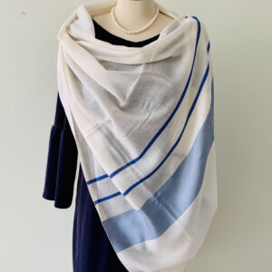 CREAM SHAWL WITH BLUE STRIPED BORDER